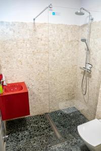een badkamer met een rode wastafel en een douche bij Studio 14 in Braşov