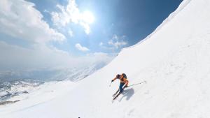 un hombre está esquiando por una montaña cubierta de nieve en Neverland Chalet en Hakuba