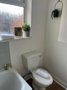 a bathroom with a toilet and a sink and a window at 2 bed Central Cardiff Apartment - sleeps five! in Cardiff +13 photos