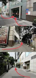 two pictures of a city street with red arrows at Guangzhou Timmy Hotel in Guangzhou