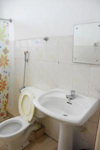 een badkamer met een wastafel, een toilet en een spiegel bij Janara Two in Kurunegala
