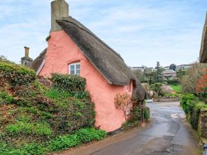 a pink house with a thatched roof on a street at Weavers Cottage in Torquay