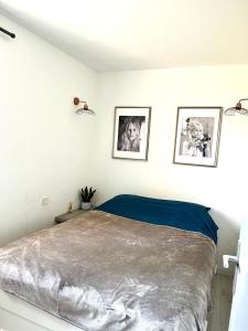 a bedroom with a bed with two pictures on the wall at loumax in Gassin