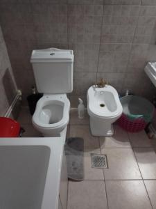 łazienka z toaletą i bidetem w obiekcie Casa Mocanu w mieście Giurgiu