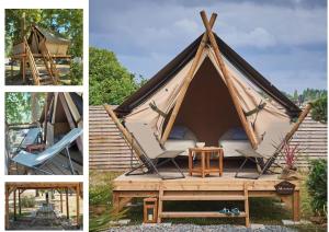 un collage de fotos de una tienda tipi con sillas y mesa en Camping Calme et Nature en Castellane