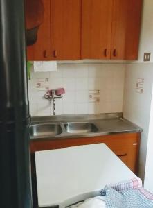 una cocina con fregadero de acero inoxidable y armarios de madera en La casa del golfo, en Gavorrano