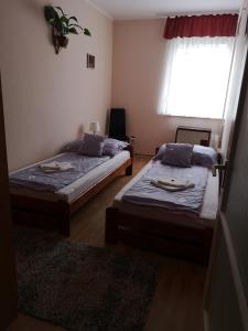 two beds in a small room with a window at Natasa Apartman in Orosháza