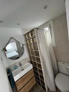 uma casa de banho com um lavatório, um WC e um espelho. em Marina Beach Aiguadolç Sitges em Sitges