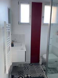 a bathroom with a shower and a sink and a toilet at Chambre d'Hôtes Les Petits Oiseaux in Nantes