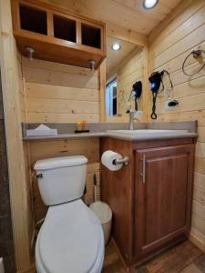 a small bathroom with a toilet and a sink at 036 Tiny Home nr Grand Canyon South Rim Sleeps 8 in Valle