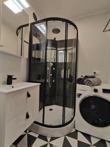 a bathroom with a shower and a washing machine at Lai Apartment in City center of Rakvere in Rakvere
