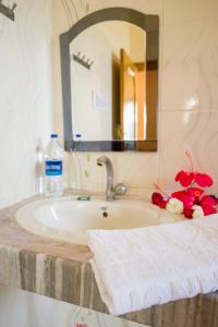 a bathroom counter with a sink and a mirror at Hotel Prem Villas Pushkar in Pushkar