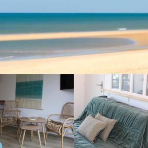 two pictures of a living room with a couch and a table at Les Pieds dans l'Eau in Lacanau-Océan