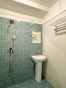 y baño con lavabo y ducha. en Eevolve Dharamkot - An Eco Hostel en McLeod Ganj