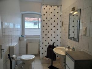 łazienka z toaletą, umywalką i zasłoną prysznicową w obiekcie 1 Zimmer Appartment w mieście Springe