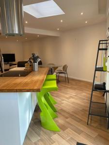 een keuken met een groen eiland in een kamer bij Le Duplex du Cours de Verdun in Arras +14 foto's