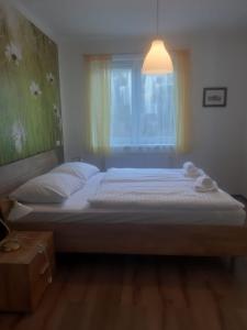 Un pat sau paturi într-o cameră la Rodinný apartmán Lucie v blízkosti Wellness hotelu ve Frymburku