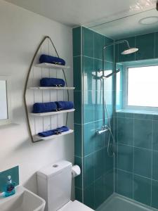 a bathroom with a shower and a toilet and a sink at Perfect 4 Cpls & Families . Close to Everything in Pentraeth