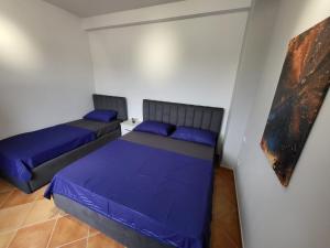 1 dormitorio con 2 camas y almohadas azules en Julia's Apartment in Golem Beach, en Golem