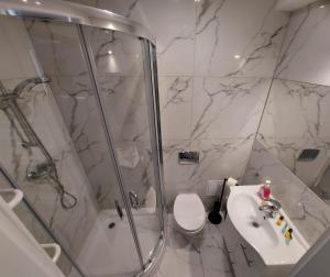 e bagno con doccia, servizi igienici e lavandino. di Apartament_kubamielno a Mielno