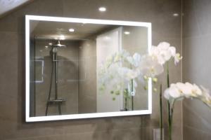 a mirror on a wall with white flowers in a bathroom at Sobe Opačak in Slavonski Brod