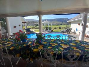 赫曼努斯穆勒根旅舍的一张桌子,上面有五颜六色的桌布,还有游泳池