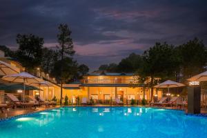卡绍利Cassia Resort, Kasauli的酒店前面的一个大型游泳池