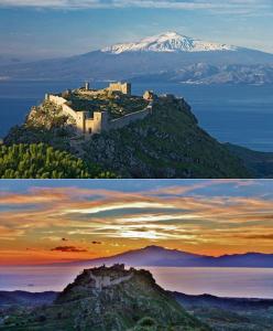 duas imagens de um castelo no topo de uma montanha em B&B Villa Magna Grecia em Lazzaro
