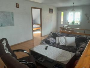 ein Wohnzimmer mit einem Sofa und einem Tisch in der Unterkunft Adamowo in Uherce Mineralne