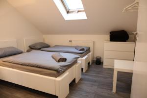 two beds in a room with a skylight at Sobe Opačak in Slavonski Brod