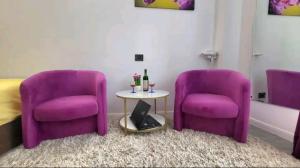 two purple chairs and a table in a room at Garsoniera centru vechi English park in Craiova +9 photos