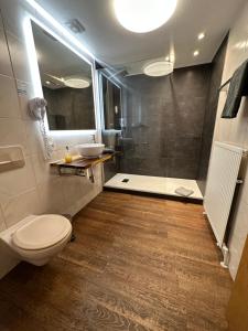 ein Bad mit einem WC, einem Waschbecken und einer Dusche in der Unterkunft Hotel Pension Berghaus Sieben in Bad Laasphe
