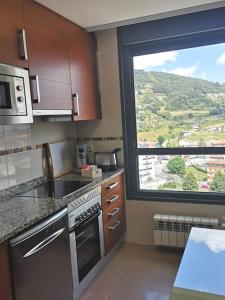 une cuisine avec une grande fenêtre offrant une vue dans l'établissement OVIEDO TORRES HUCA VUT2752AS, à Oviedo