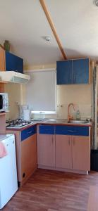 eine Küche mit blauen Schränken und einem Waschbecken in der Unterkunft CAMPING LE BEL AIR- Mobil home le laurier in Limogne-en-Quercy