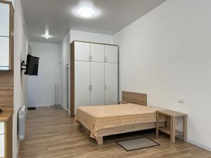 科洛梅亞的住宿－Central Square Apart，一间卧室配有一张床、一张桌子和一台电视。