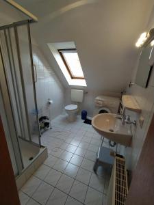 a bathroom with a sink and a shower and a toilet at Sommerhaus Nessmersiel in Neßmersiel