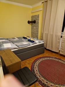 1 dormitorio con cama, mesa y alfombra en DrKarlRennerGarten en Guntramsdorf