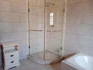 a shower with a glass door in a bathroom at Nakhah Guesthouse - Private Interior in eMalahleni