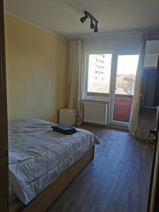 a bedroom with a bed and a large window at Lion Stay in Tartu
