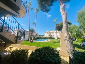 a view of a yard with palm trees and a swimming pool at Saint James park 2 dormitorios in Orihuela