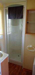 a glass shower in a bathroom with a sink at CAMPING LE BEL AIR- Mobil home le laurier in Limogne-en-Quercy
