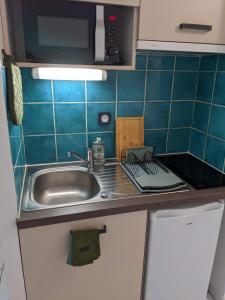 uma pequena cozinha com um lavatório e um micro-ondas em Topaze Pei - T1 - 2 personnes em Saint-Denis