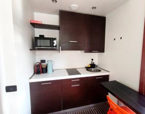 a small kitchen with brown cabinets and a sink at Cozy Apartment with large exclusive terrace in Milan