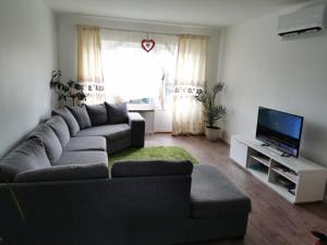 a living room with a couch and a television at Villa i Ruda Högsby kommun in Ruda