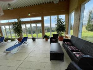 a living room with couches and chairs and windows at Dreisessel Dreiländereck Pool Sauna in Neureichenau