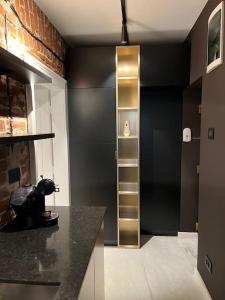 a kitchen with a black wall and a shelf at Old city fortress exceptional place Cosmanu in Timişoara