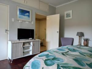 a bedroom with a bed and a flat screen tv at Sunshine Cottage in Cape Town