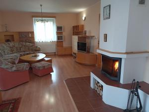 a living room with a couch and a fireplace at Chalupa u golfu Kořenec in Kořenec