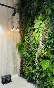 un mur vert avec des plantes et des lumières sur lui dans l'établissement Hotel Central Basilica, à Budapest