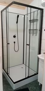 a shower with a shower head in a bathroom at Owocowe Wakacje - Domek nad jeziorem in Mikołajki